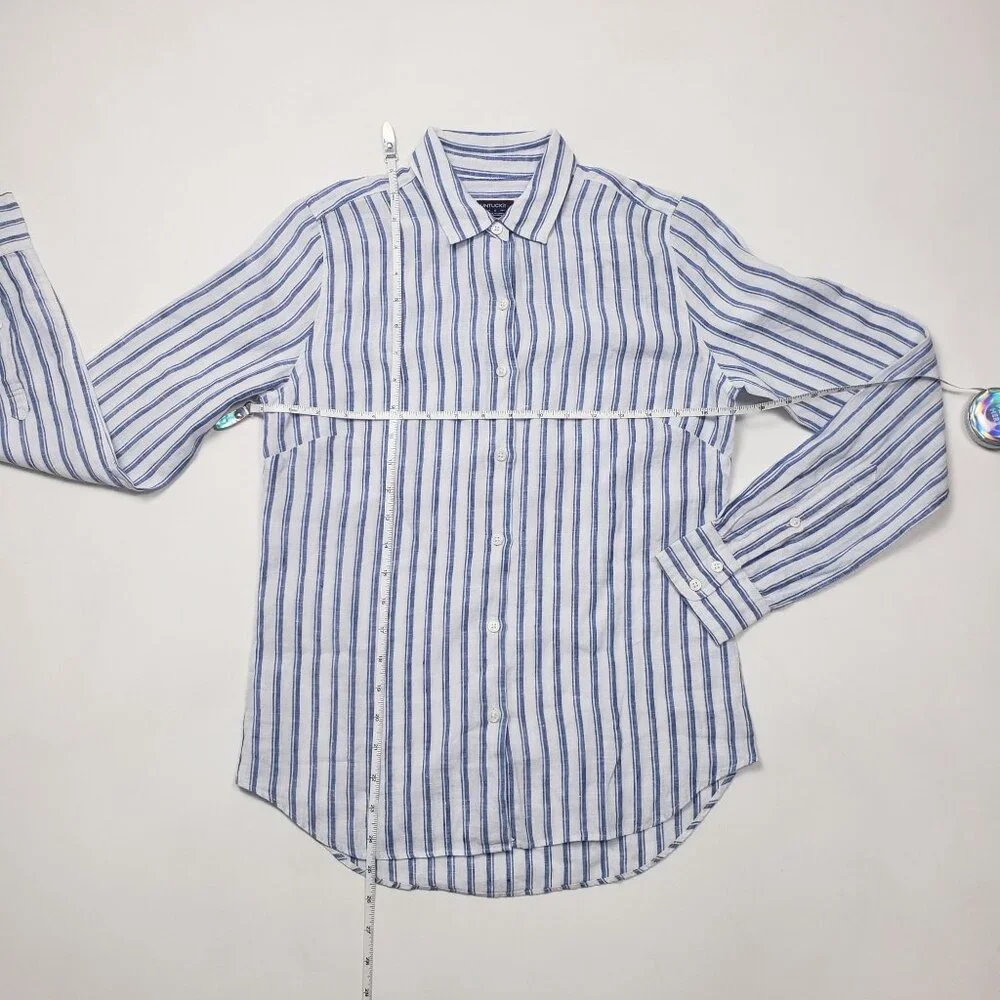 Untuckit Women Button-Up Linen Shirt Wehlen Blue White Stripe NWT/NWOT Pick Size - Picture 3 of 12
